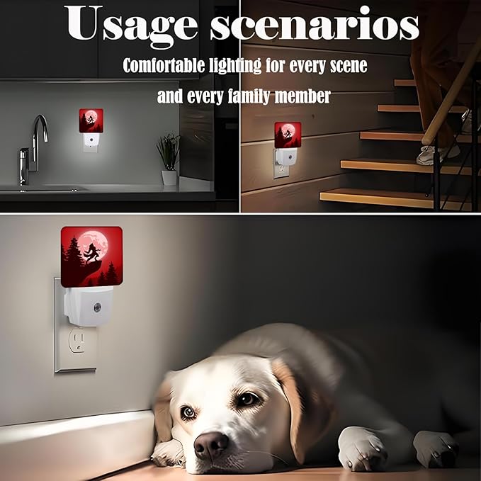 Blood Moon and Werewolves Night Light,Plug-in Night Lights with Dusk-to-Dawn Sensor for Stairway,Hallway,Bedroom Sleep Friendly Ideal for Women/Girls/Boys Gift,0.5w