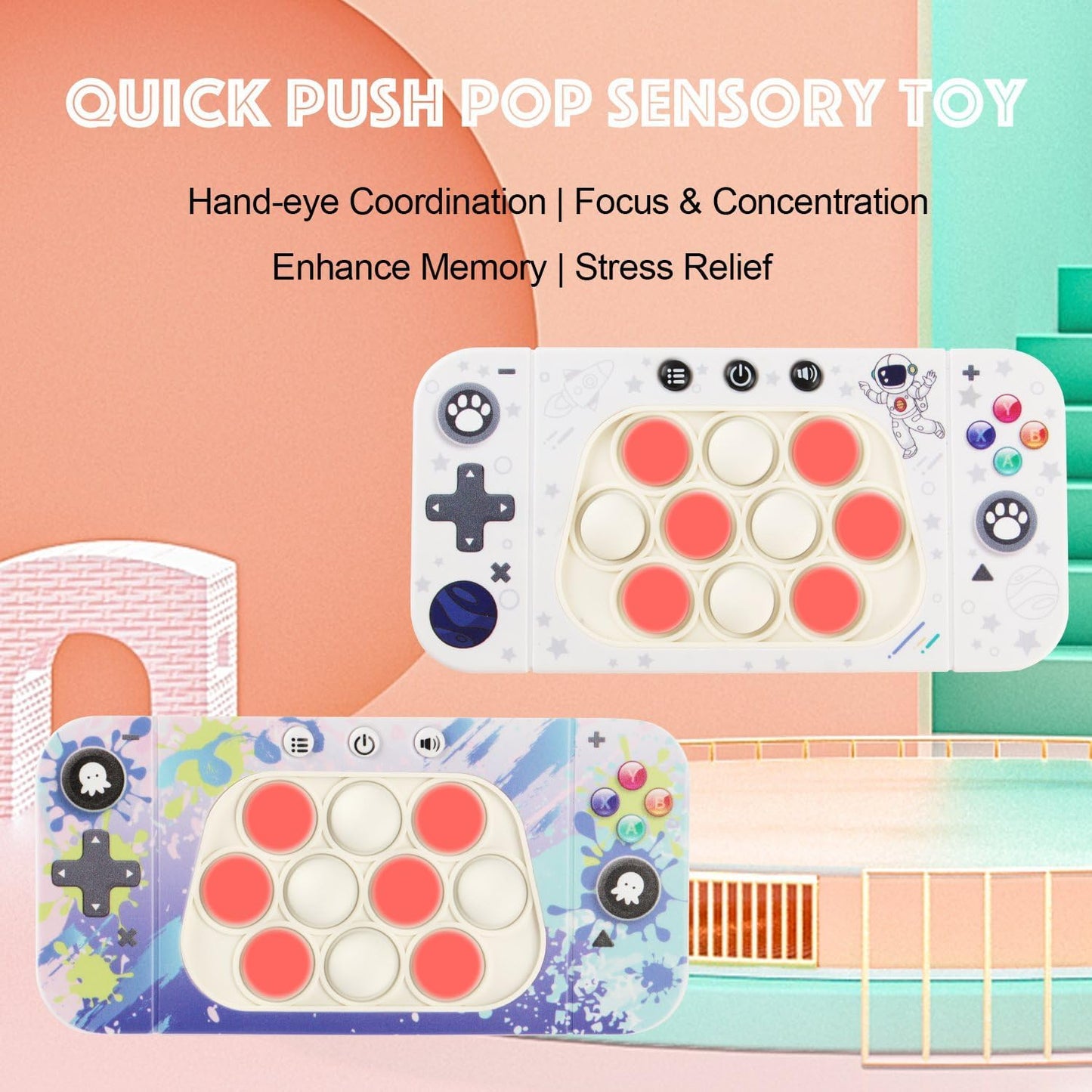 Quick Push Bubbles Pop Fidget Toy It Game, Fast Push Light Up Pop Interactive Sensory Toy, Fast Push Button Game for Kids Adult, Stress Relief Handheld Game Present Toy for 3 4 5 6 7 Years Boy Girl