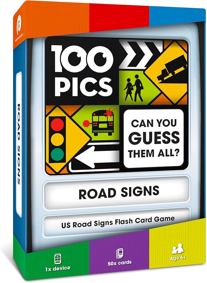 100 PICS US Road Signs Travel Game - Learn 100 Road Signs | Flash Cards with Slide Reveal Case | Card Game, Gift, Stocking Stuffer | Hours of Fun for Kids and Adults | Ages 6+