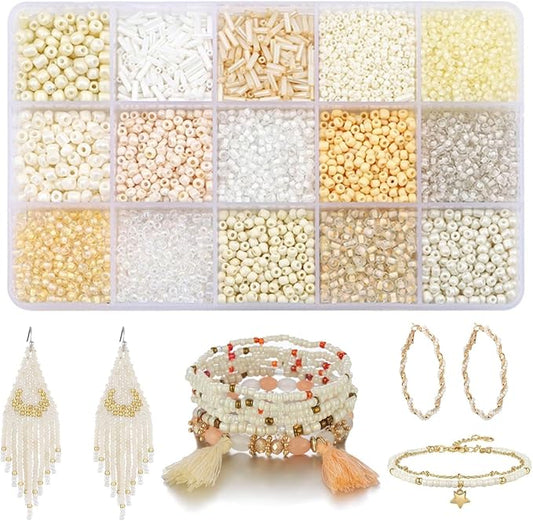 15 Color 4mm Small Assorted Glass Seed Beads,3mm Bugle Beads Friendship Bracelet Kit,2mm Tiny Tube Bead for Jewelry Making(White)