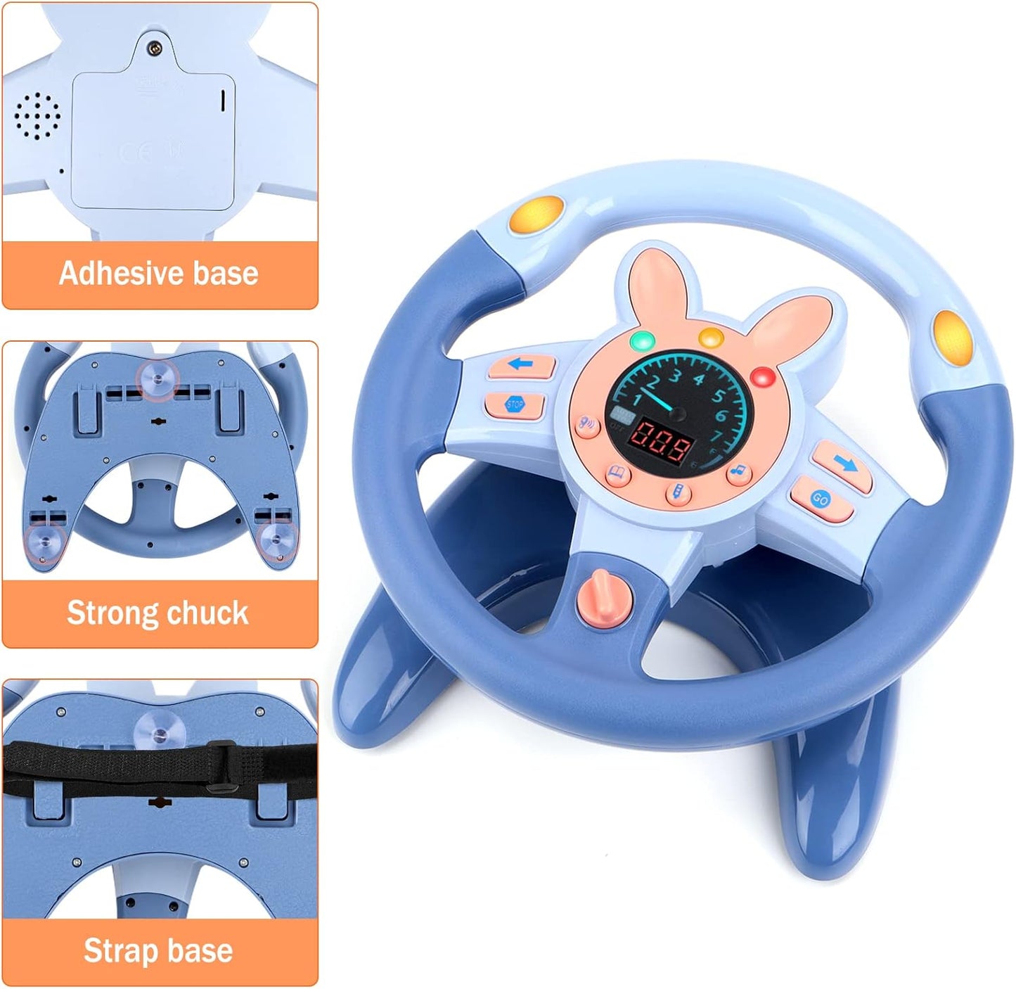 deAO Kids Steering Wheel for Backseat with Key Baby Toys Pretend Driving Simulated Steering Wheel Toy with Light and Music Gifts for Kids Toddlers Blue