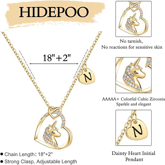 Hidepoo Unicorn Necklace Gifts for Girls - Colorful CZ Heart Pendant Initial Unicorns Necklaces for Teens Little Girls Jewelry Birthday Gift for Girl Daughter Granddaughter Niece