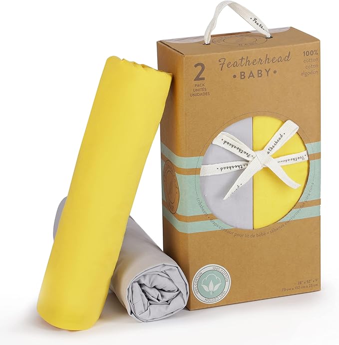 Featherhead™ 2-Pack Fitted Crib Sheets - 100% Cotton - 52" x 28" x 9" for Standard Crib and Toddler Mattress (Percale Grey Yellow)