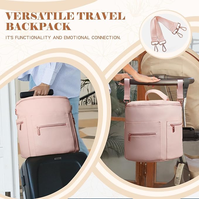 miss fong Pink Diaper Bag Backpack Baby Diaper Bag, Large Leather Diaper Backpack with 16 Pockets Travel Diaper Bag with Diaper Changing Pad,Pink Baby Backpack Stroller Straps & 2 Insulated Pockets