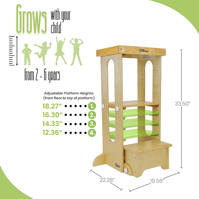 Little Partners Foldable Toddler Tower, Learning Tower Explore 'N Store Montessori Standing Kitchen Tower with Folding Step Stool Platform for Cooking and Learning, Ages 2+ (Natural)