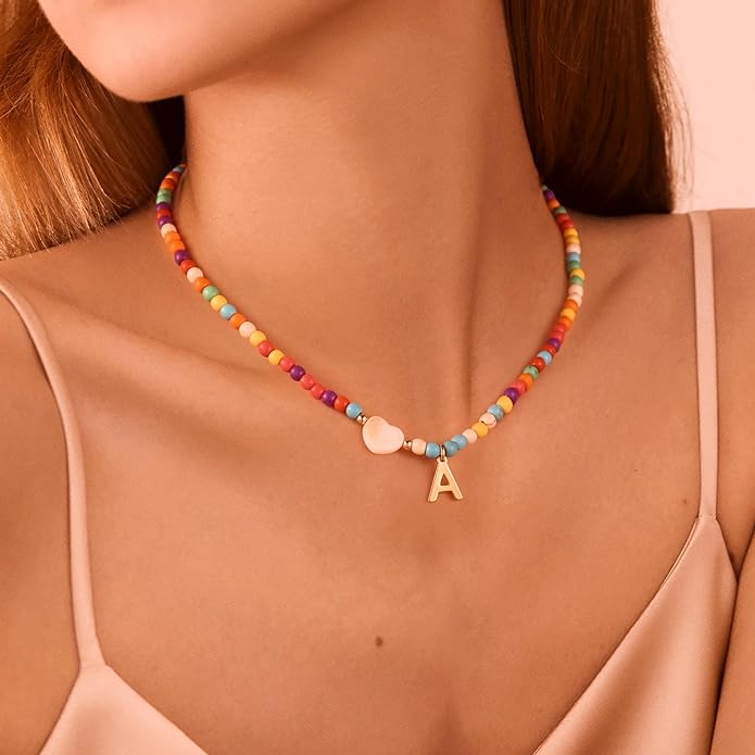 Ursteel Colorful Initial Cute Necklaces for Girls - Trendy Beaded Choker Necklace for Women Teen Girl, Personalized Letter Initial Gifts for Women Kids Jewelry