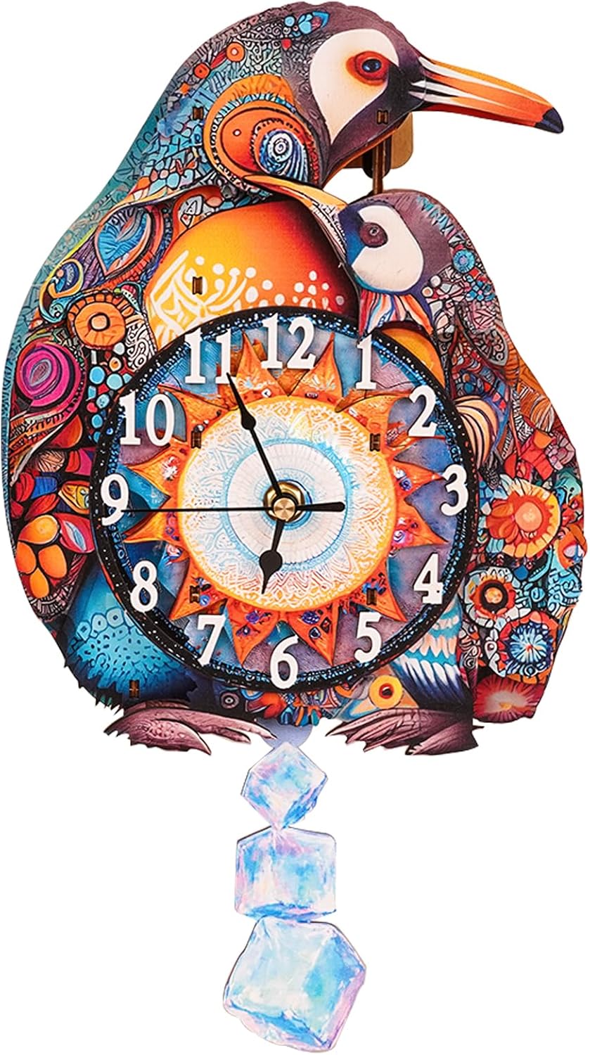 3D Puzzles for Adults Clock-Penguin Family Design Model Kit-Mechanical DIY Pendulum Clock with Arabic Numerals-Desk Home Office Decor Personalized Gift for DIY Lovers