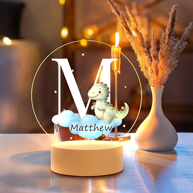 Custom Baby Gift Night Light for Baby Boys Girls Nursery Decor, Personalized Initial Name LED Night Light with Wooden Base, LED Color-Changing Lamp for Toddlers Kids 2