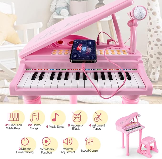 HONEY JOY Classical Kids Mini Grand Piano w/ Music Stand & Stool, Portable Electronic Piano Educational Musical Instrument Toy w/ Microphone, Lights, Gift for Kids (Pink, 31 Keys)