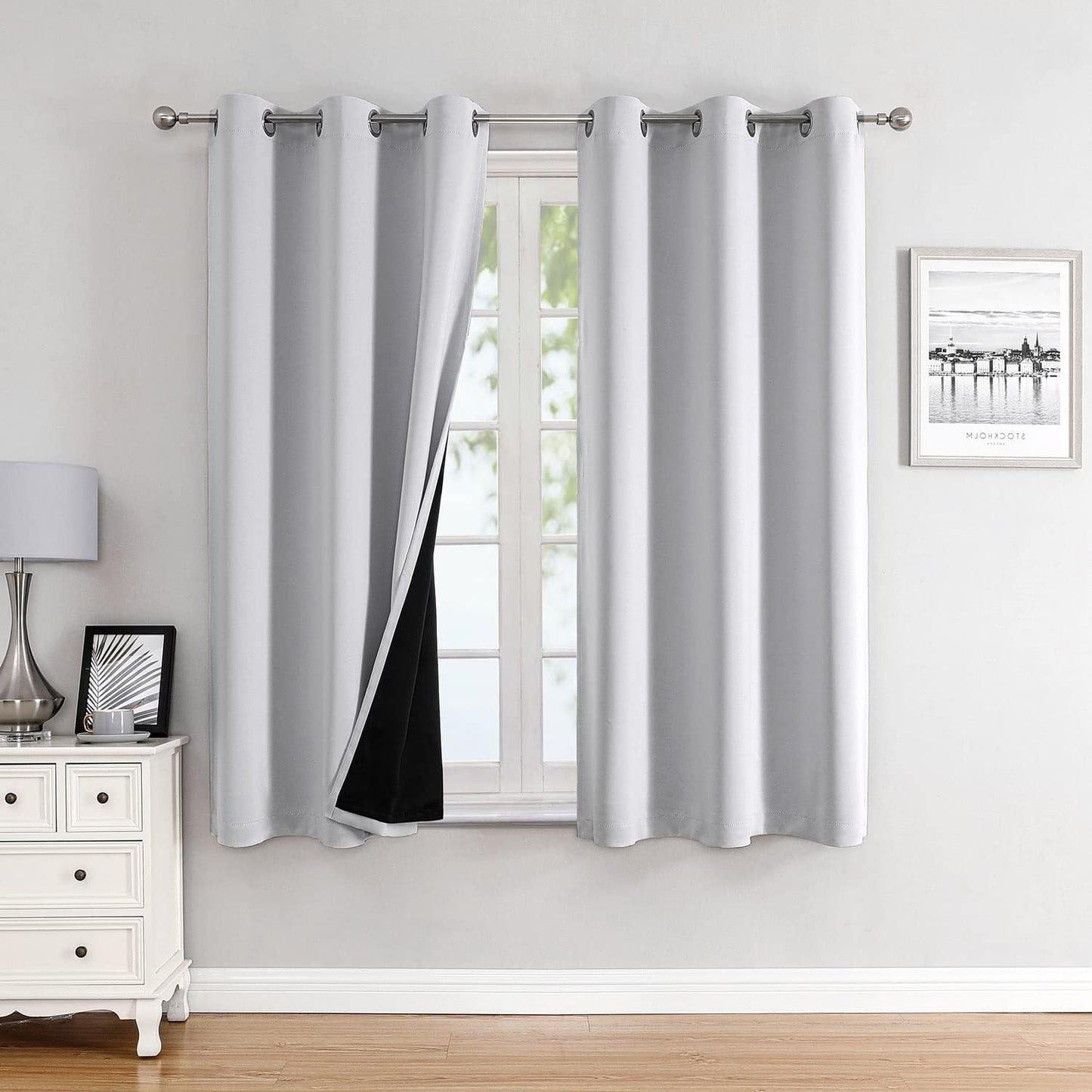 ChrisDowa 100% Blackout Curtains 63 inch Long for Bedroom with Black Liner, 2 Thick Layers Total Blackout Thermal Insulated Grommet Window Curtains 2 Panels Set (Greyish White, 38 x 63 Inch)