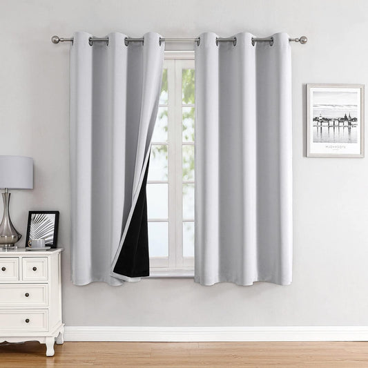 ChrisDowa 100% Blackout Curtains 63 inch Long for Bedroom with Black Liner, 2 Thick Layers Total Blackout Thermal Insulated Grommet Window Curtains 2 Panels Set (Greyish White, 38 x 63 Inch)