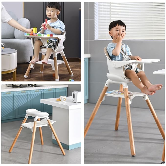 High Chair, 6 in 1 Wooden Convertible High Chairs for Babies and Toddlers, Booster Seat with Double Tray & Reversible Footrest Baby Highchair, 5-Point Harness Baby Feeding Chair, Beige