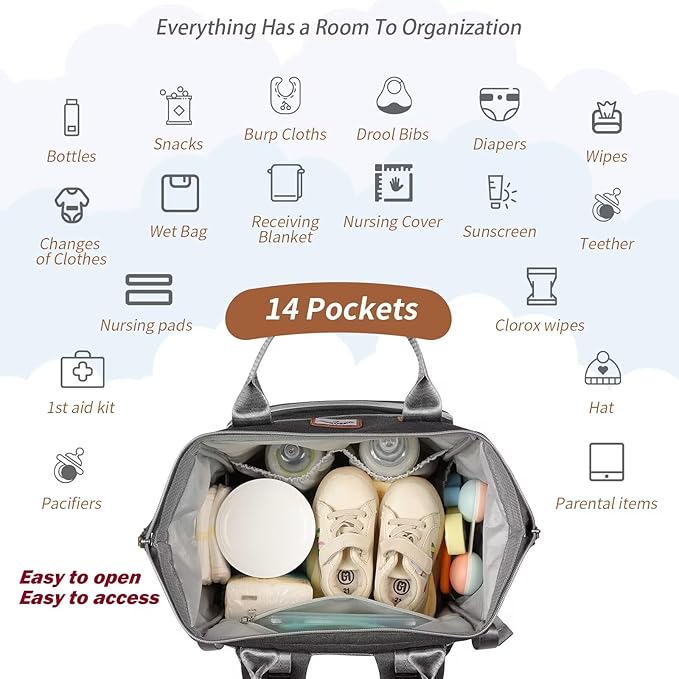 Diaper Bag Backpack:Baby Bag Large Tote Diaper bag for Boys and Girls, Men's Diaper Backpack, Women's Shoulder Mommy Bag, 2 Kids Nappy bag for mom and dad Gray