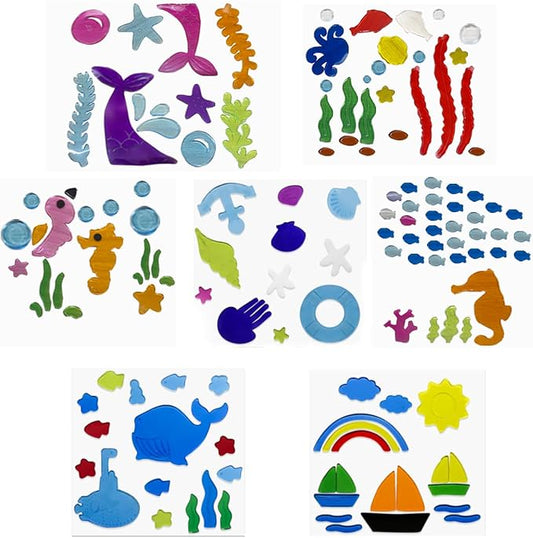 7 Pack Summer Window Gel Clings, Reusable TPR Jelly Stickers for Glass Windows, No-Residue Peel & Stick Decorations - Bright Ocean Themes for Room, Office, Home, Car, Bathroom Decor