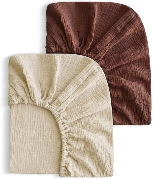 2 Pack Soft Muslin Baby Crib Sheets, 100% Cotton Breathable Double Layer Fitted Sheets for Standard Crib and Toddler Bed Mattresses 28x52 Inches, for Baby Girls and Boys (Cedar & Cream