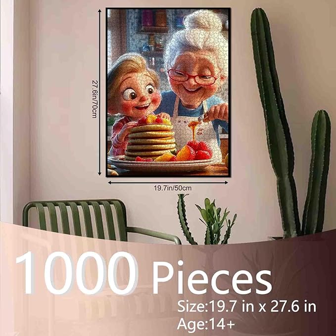 1000 Piece Jigsaw Puzzle for Adults Students Grandma and Granddaughter Making Pancakes in Kitchen Puzzles Happy Family Scene Vibrant Colors Art Home Decor Size 20X27 Inches Fun Gift Jigsaw Game