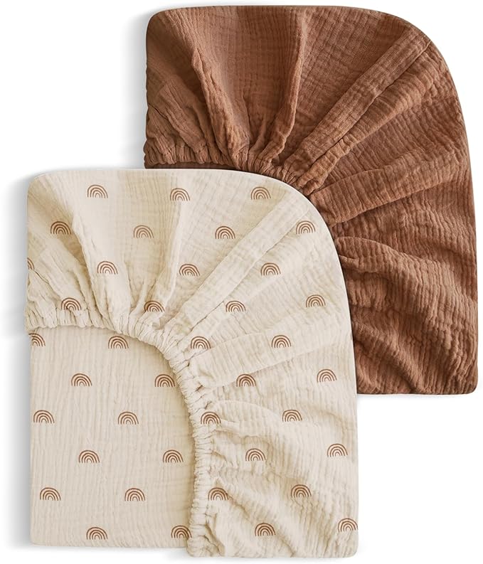 2 Pack Soft Muslin Baby Crib Sheets, 100% Cotton Breathable Double Layer Fitted Sheets for Standard Crib and Toddler Bed Mattresses 28x52 Inches, for Baby Girls and Boys (Brown & Rainbow