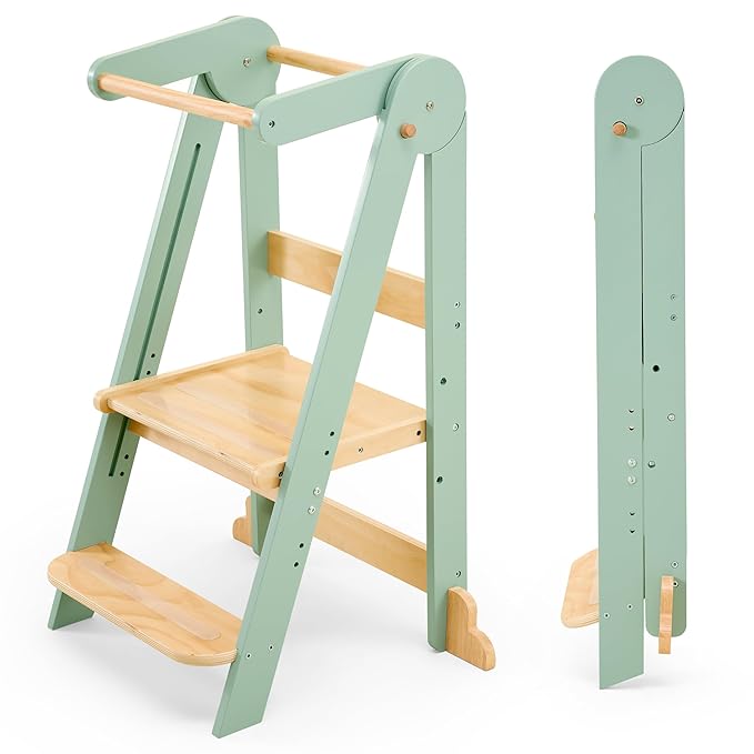 Nordi Foldable Toddler Kitchen Tower, Montessori Kitchen Stools Helper, Standing Tower with 3 Adjustable Heights, Suitable Age for 2-6 Years, Sage