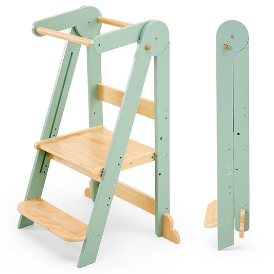 Nordi Foldable Toddler Kitchen Tower, Montessori Kitchen Stools Helper, Standing Tower with 3 Adjustable Heights, Suitable Age for 2-6 Years, Sage