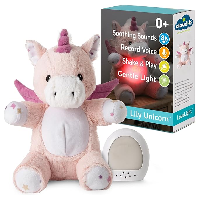 Cloud b LoveLight Buddies Sound Machine with White Noise, Soothing Lullabies & Gentle Nightlight | Voice Recorder | USB Rechargeable | Adjustable Settings & Auto-Shutoff | Lily The Unicorn