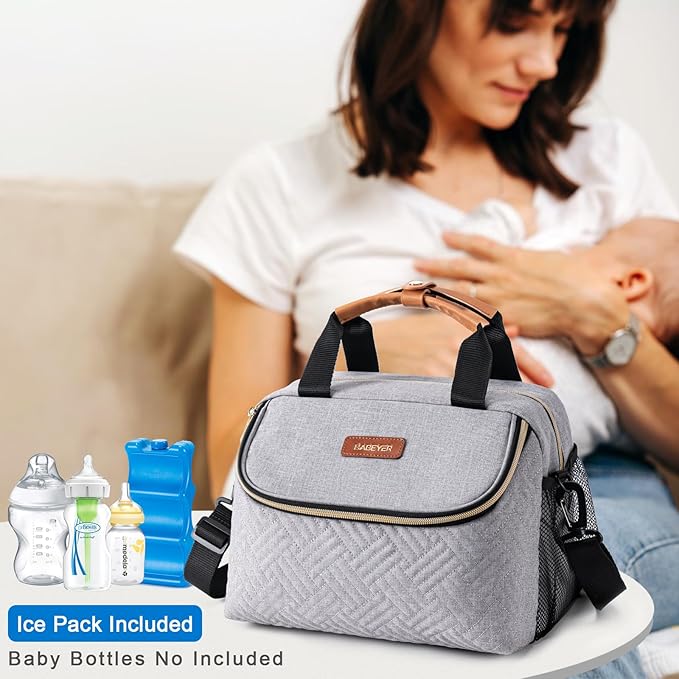 Breastmilk Cooler Bag with Ice Pack Fits 6 Baby Bottles up to 9 Ounce, Wearable Breast Pumps Cooler Bag for Nursing Mom Daycare, Work, Travel- Grey