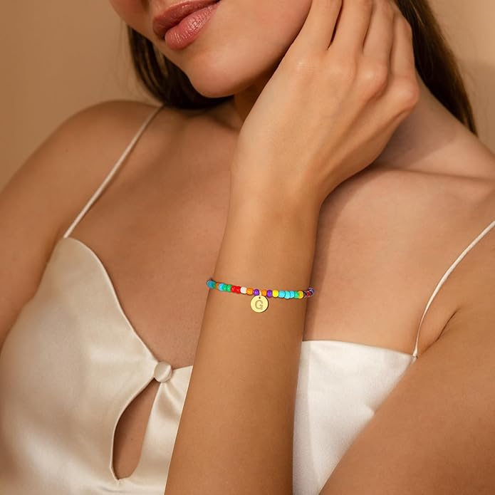Colorful Initial Bracelets for Women Girls, Cute Beaded Initial Bracelet Teen Girl Gifts Trendy Stuff Gold Disc Letter Bracelet Personalized Gifts for Women Jewelry