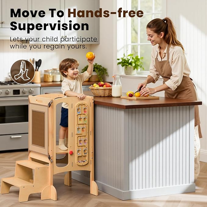 Toddler Tower Foldable Toddler Kitchen Stool Helper with 2 Step Stool, Safety Net, Adjustable Height, Chalk-Whiteboard& Montessori Activity