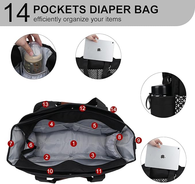 Diaper Bag Tote, Large Capacity Travel Diaper Baby Bags Crossbody Hospital Mom Bag，with Silicone Pacifier Case