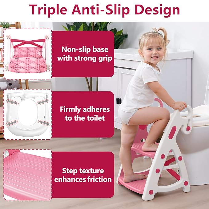 Potty Training Seat: 2 in 1 Design Potty Seat for Toilet & Nursery Step Stool for Sink Potty Training Toilet with Height Adjustable Ladder for Kids of All Ages (Pink)