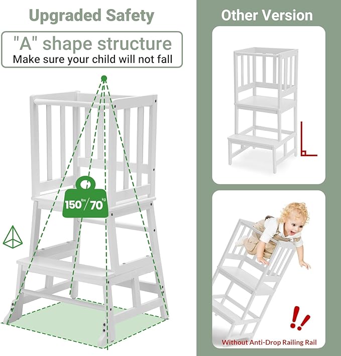 COSYLAND Toddler Kitchen Step Stool Helper - Wooden Standing Tower for Kids with Anti-Tip Support Legs - Mothers' Helper Kids Learning Stool for Kitchen Counter (White)