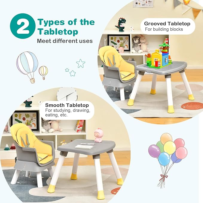 BABY JOY Baby High Chair, 8 in 1 Convertible Highchair for Babies & Toddlers | Booster Seat | Table and Chair Set | Building Block Table | Toddler Chair with Safety Harness, Removable Tray (Yellow)