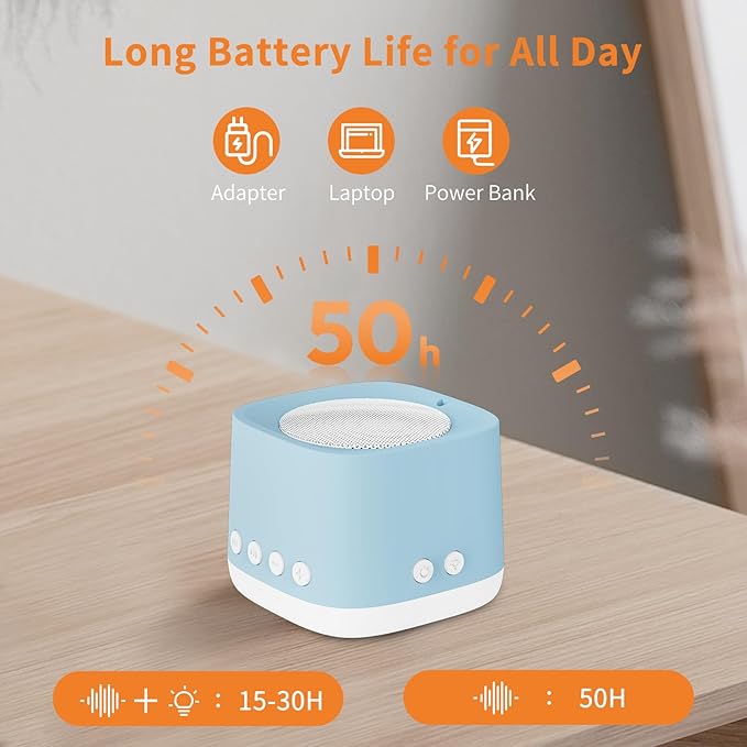 Portable White Noise Machine,Mini Sound Machine for Travel with Breathing Night Light,16 Soothing Sounds,Timer,Rechargeable Brown Noise Machines for Sleeping Adults Gift,Office Privacy,Home (Blue)