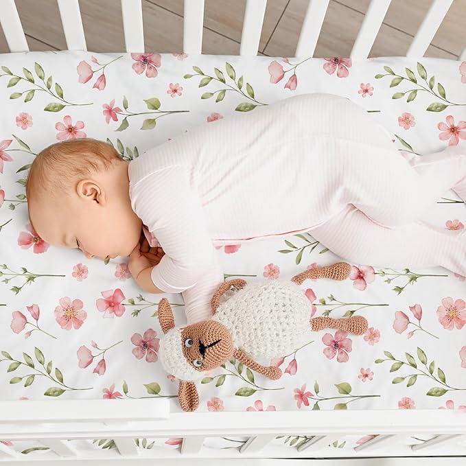 Nap Mat Sheet 47"x24", 3 Pack Pink Floral Baby Crib Sheets Fitted Elastic Corners, Preschool Day Care Rest Mat Cover, Soft Breathable - Compatible with Regalo My Cot, Joovy Travel Cot