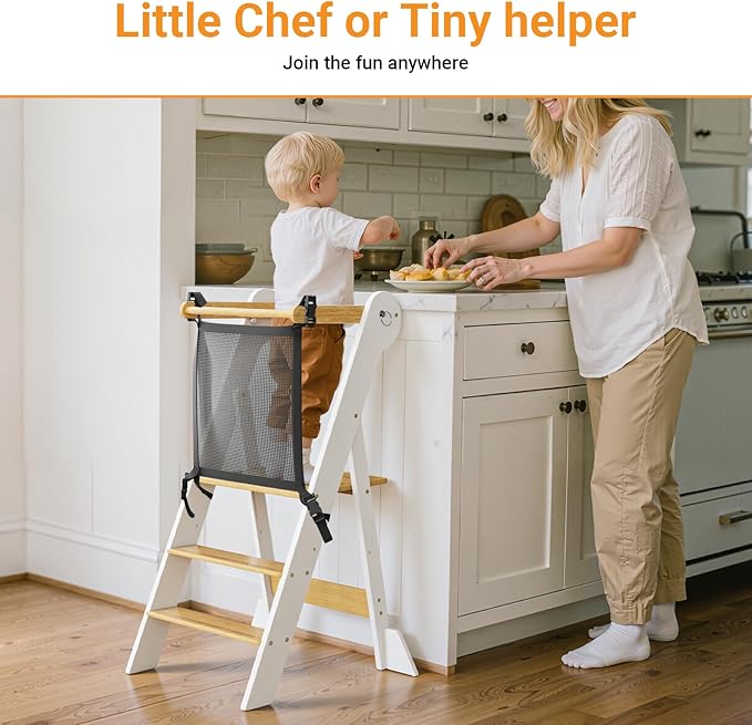 COSYLAND Foldable Toddler Kitchen Stool Helper - Height Adjustable Standing Tower for Bathroom Sink or Kitchen Counter - Step Stool for Toddlers Ages 18 Months to 6 Years White & Natural