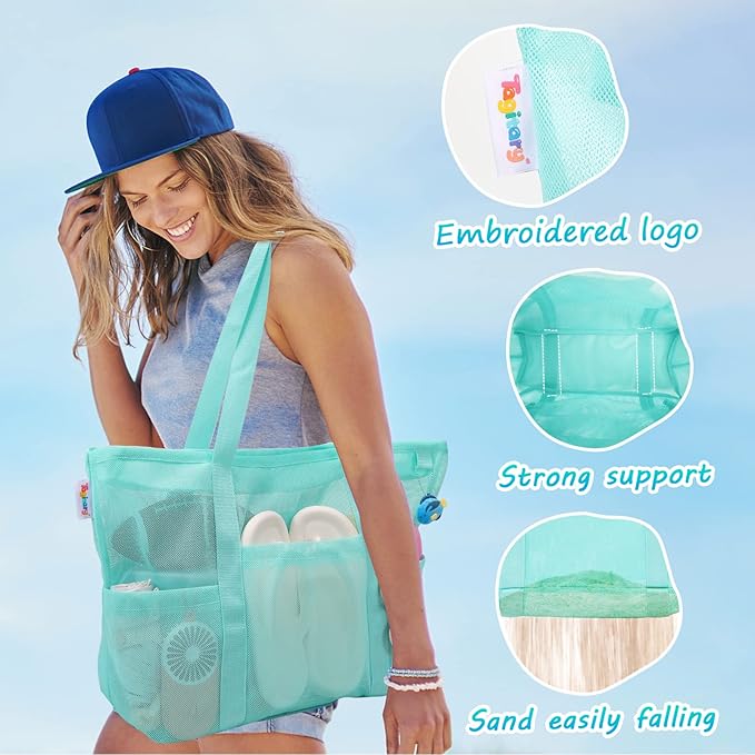 Tagitary Mesh Beach Bag with Zipper Large Beach Tote Waterproof Sandproof with 8 Pockets for Toys Pool Bag Beach Accessories