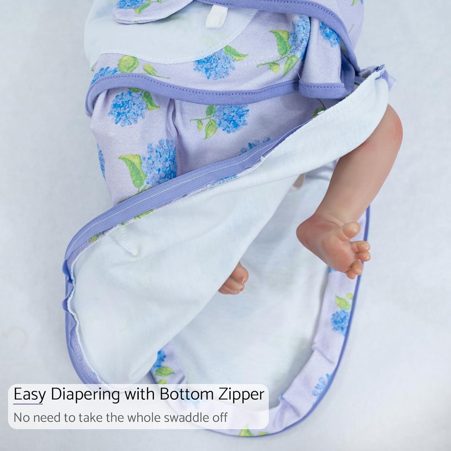 LollyBanks Baby Swaddles 100% Organic Cotton, 0-3 Months Baby Girl Swaddles with Easy Change Zipper, Swaddle Sack for Newborn Girls (Hydrangea Print)