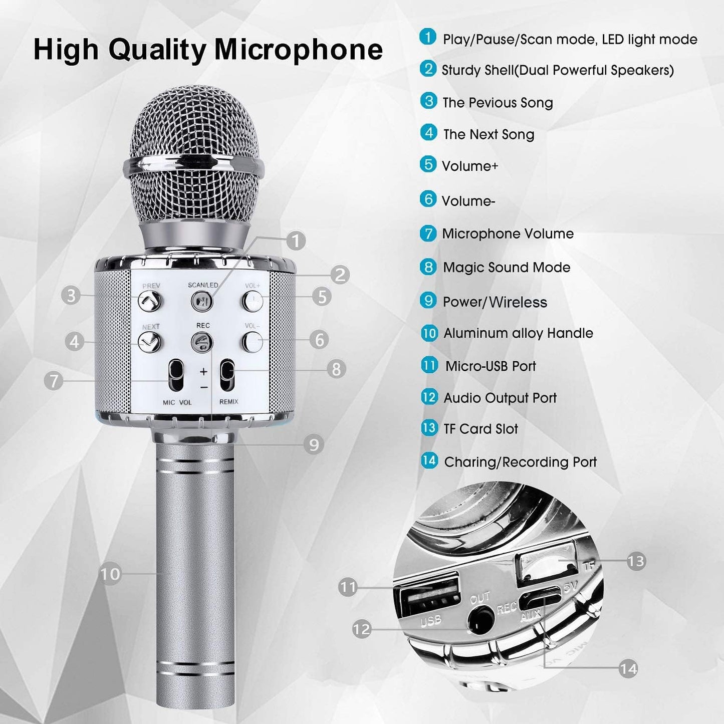 BlueFire 4 in 1 Karaoke Wireless Microphone with LED Lights, Portable Microphone for Kids, Great Gifts Toys for Kids, Girls, Boys and Adults (Silver)