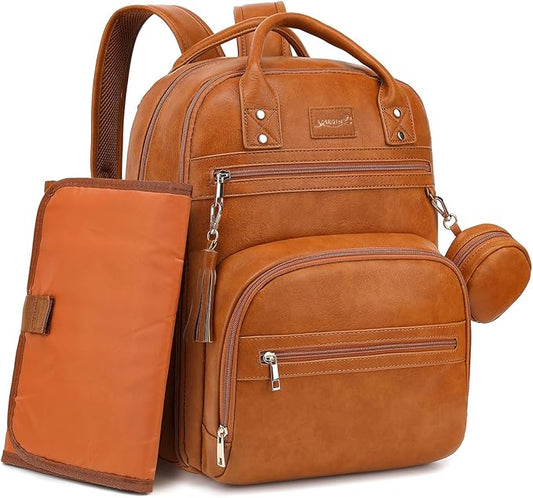 Premium Vegan Leather Diaper Bag Backpack with Waterproof Changing Pad, Reinforced Zippers & Odor-Free, 20 Pockets Pro Organizer, Fits 15.6" Laptop, Stroller Straps, Baby Bag for Mom, Brown