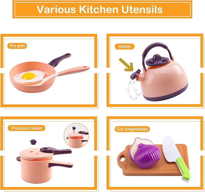 118Pcs Mini Play Kitchen Accessories for Kids, Pretend Cooking Playset with Cookware, Tableware & 2 Fruit Sets, Learning Gift for Girls, Boys, Toddlers, Pink