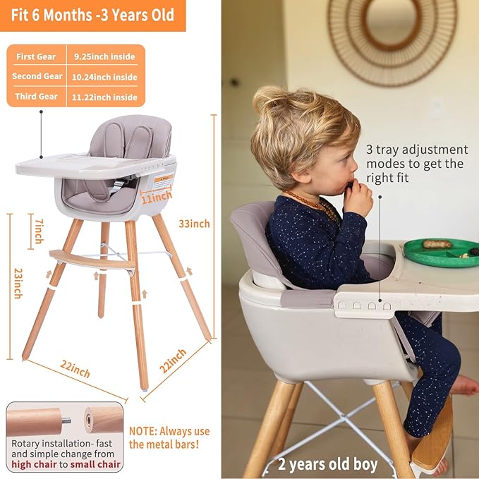 Mallify 3-in-1 Convertible Wooden High Chair, High Chairs for Babies and Toddlers, Baby High Chair with Adjustable Legs & Dishwasher Safe Tray, Made of Sleek Hardwood & Premium Leatherette, Pink