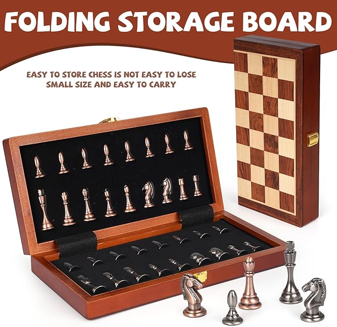 12-Inch Metal Chess Set Pieces – Wooden Chess Board Set Folding Travel Chess Sets,Metal Bronze & Silver Chessmen, Bonus 2 Extra Queens, Portable and Durable Classic Chess Game for Kids and Adults
