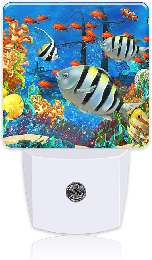 Cartoon Colorful Underwater World Night Light Plug into Wall with Dusk to Dawn Sensor Cute Nightlight for Kid Girls Boys Women Men Room Decor, Hallway, Kitchen, Bathroom, Nursery, Stairs
