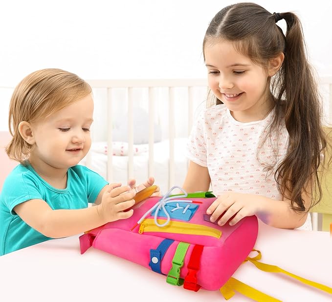 Busy Board - Toddler Backpack with Buckles and Learning Activity Toys - Develop Fine Motor Skills and Basic Life Skills - Learn to Tie Shoes - Children's Travel Toy (Pink)