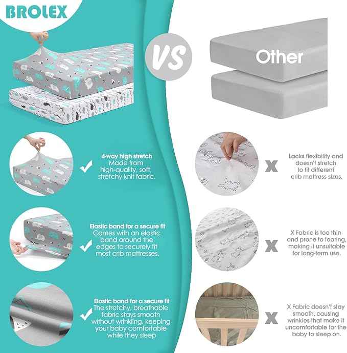 BROLEX Baby Fitted Crib Sheets: Kid Crib Sheets - Set of 2 for Toddler Standard Size Crib Mattress for Boys and Girls - Jersey Knit Crib Bed Sheets Elephant Whale