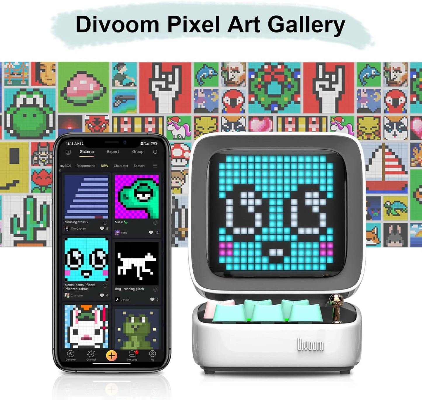 Divoom Ditoo Pixel Art Gaming Portable Bluetooth Speaker with App Controlled 16X16 LED Front Panel, Also a Smart Alarm (White)