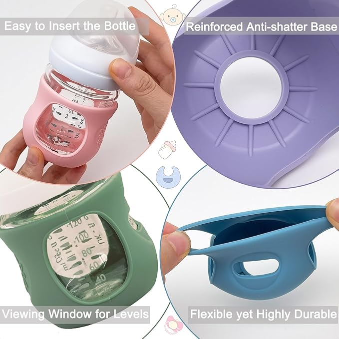 4 Pack Silicone Sleeves for Avent Natural Glass Baby Bottles, Anti Breakage Bottle Holder, Compatible with Philips Avent Glass Natural Baby Bottles (Blue+Gray+Green+White, 4 OZ)