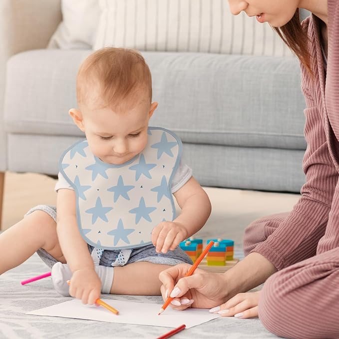 Mess Proof Baby Bib 3 Pack, Waterproof Led Weaning Baby Feeding Bibs with Food Catcher, Travel Feeding Bibs