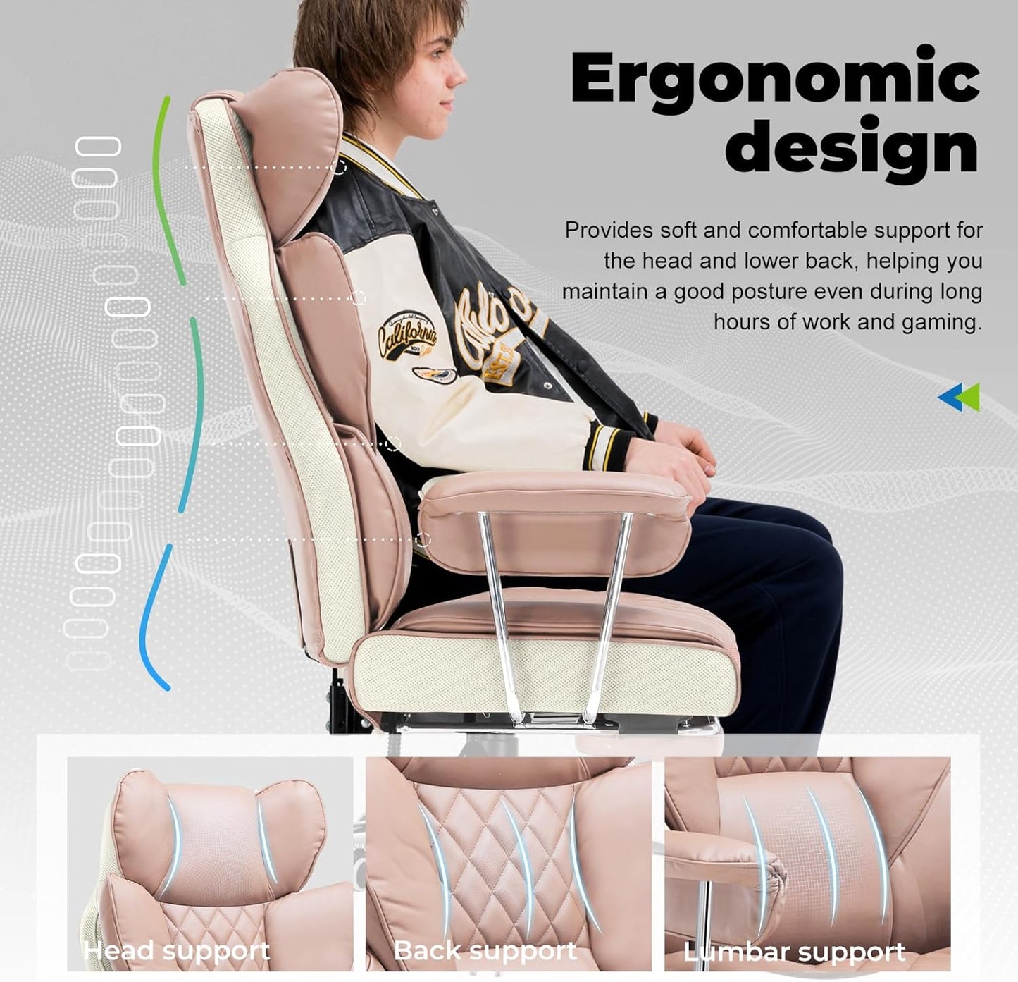 COMHOMA Big and Tall Office Chair, High Back Leather Gaming Chair with Footrest, Executive Ergonomic Office Chairs with Pocket Spring Lumbar Support and with Outward Fixed Soft Armrests