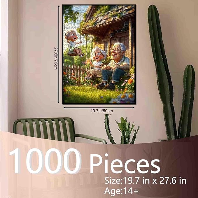 1000 Piece Jigsaw Puzzle for Adults Students Cute Old Couple Sitting On Porch with Boy Swinging in Garden Puzzles Sunny Day Nature Scene Colorful 20×27 Inches Relaxing Educational Jigsaws Game