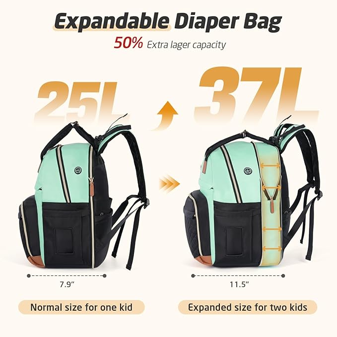 Diaper Bag Backpack - Extra Large Diaper Bag for 2 Kids Twin, Travel Baby Bags for Mom Dad 25-37L Expandable with Changing Pad Earphone Hole, Green Black